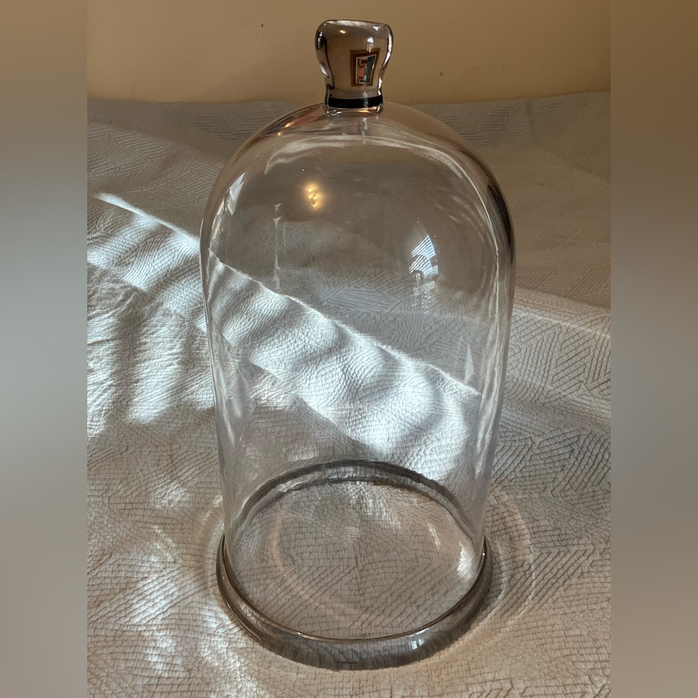 1800s French Glass Dome, Cloche With Solid Glass Knob Handle Large 18”